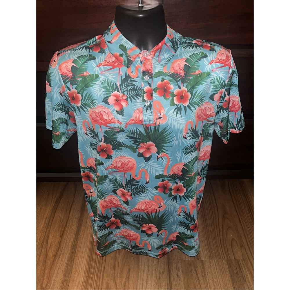 Yatta Golf Mens Polo Shirt Sz Small Blue Flamingo Hibiscus Tropical Floral Print